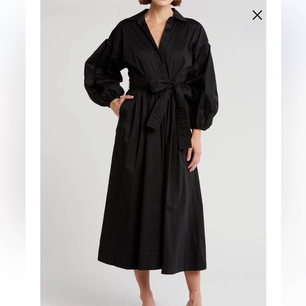 Mila Mae Black Poplin Faux Wrap Sash Belted Balloon Sleeve Midi Size XLarge